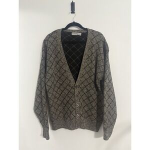 VTG Metropolitan View 100% Wool Cardigan Sweater 80's Gray Black Diamond Medium